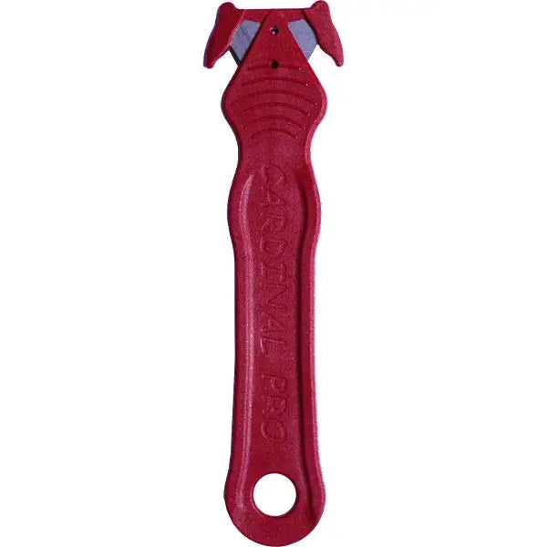 Red Pro-Series Safety Cutter with ergonomic grip and angled blade for safe, precise cutting. Ideal for packaging and recyclable use.