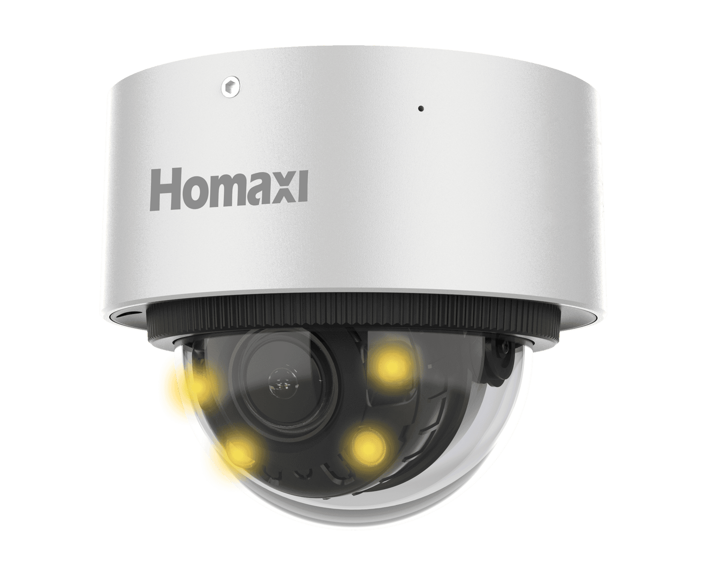 Full Color Motorized Dome Network Camera (4MP Resolution) with visible LED lights and Homaxi branding, ideal for smart surveillance systems.