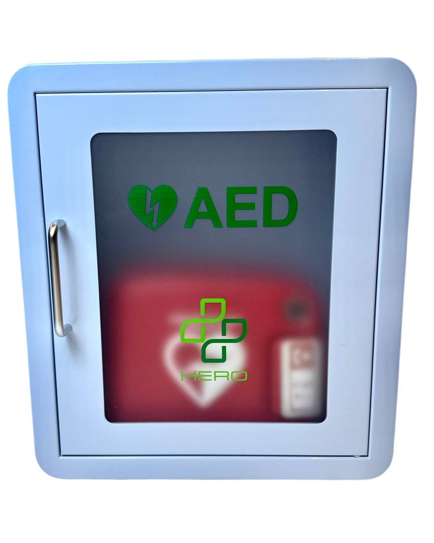 AED Cabinet - Wall Mounted Storage for Defibrillator with clear front panel and green AED and Hero logos, ideal for emergency preparedness.