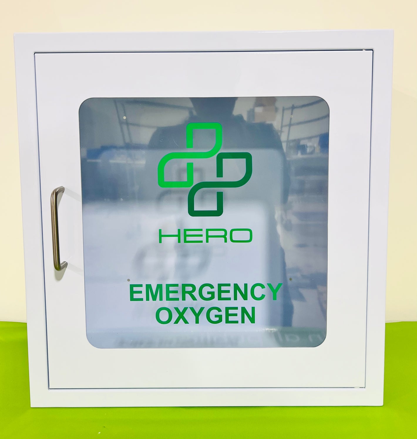 Oxygen Cabinet for R15 (NEW) with clear plexiglass door and 'Emergency Oxygen' lettering, ideal for emergency preparedness in homes or businesses.
