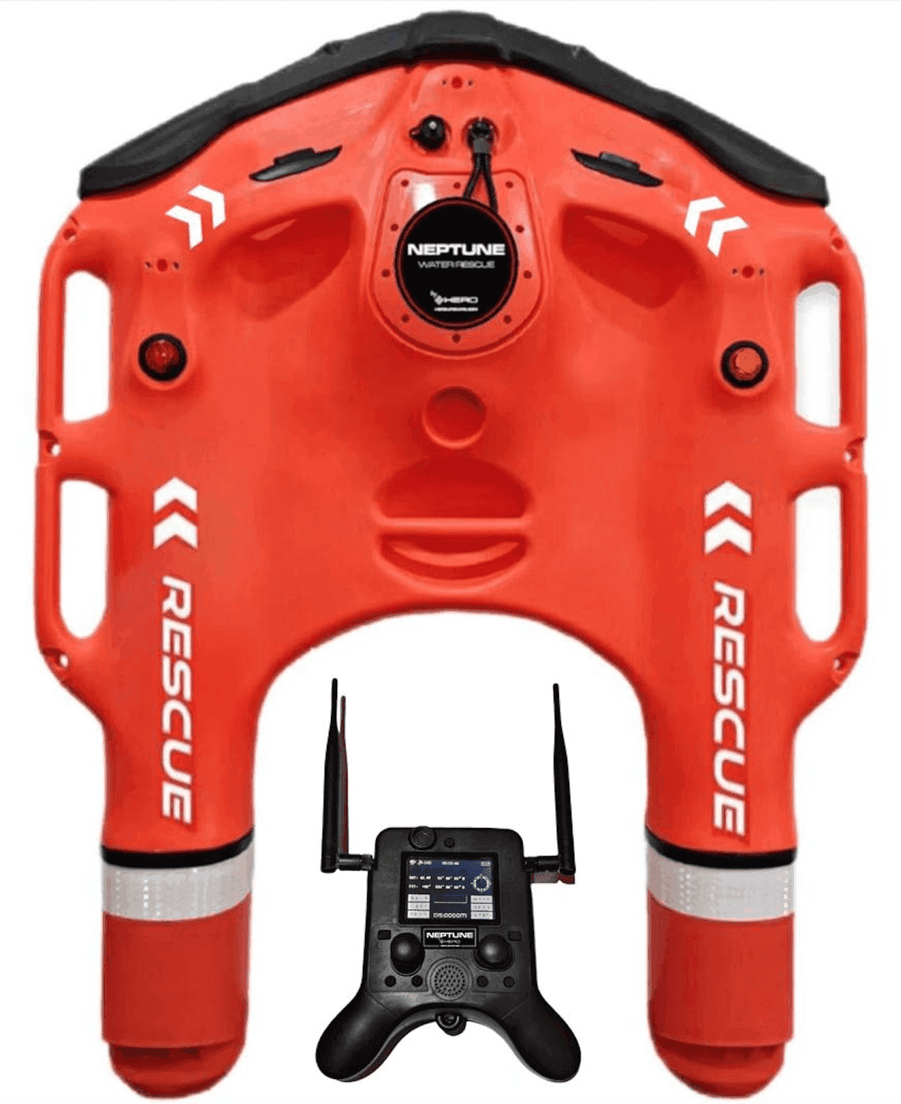 Neptune 10: Water Rescue Drone in bright red with dual propellers and GPS module, designed for rapid marine safety missions and emergency preparedness.