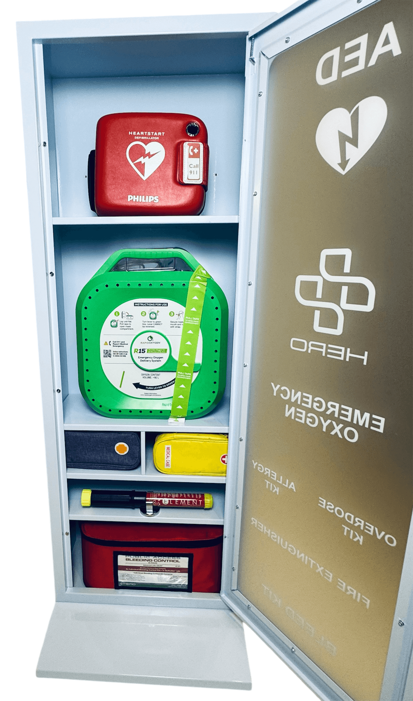 HERO6 Station - Emergency Cabinet Supplies | AED, Oxygen, Bleed