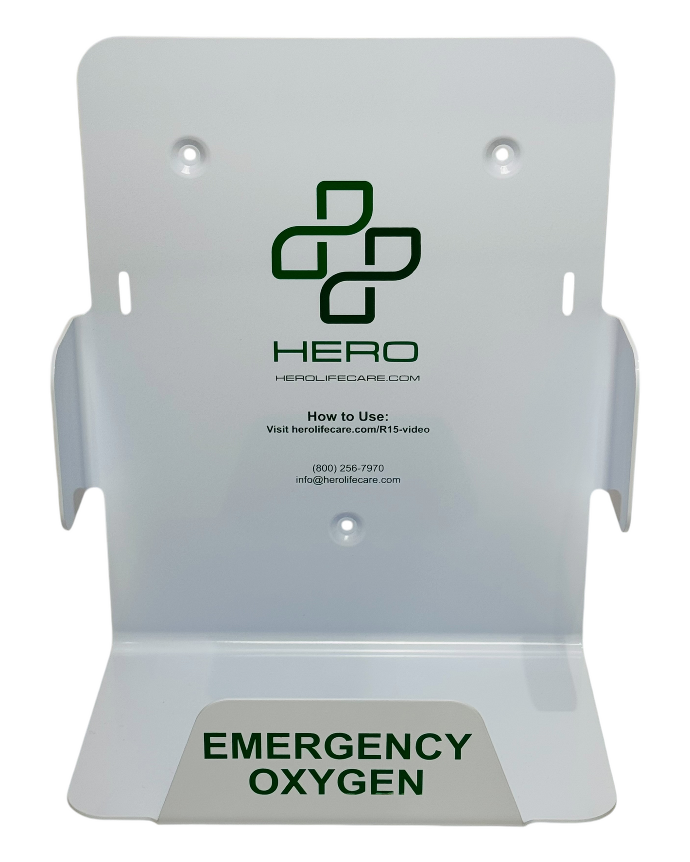 Oxygen Wall Shelf R15 in white aluminum with HERO branding and emergency oxygen label, ideal for emergency preparedness storage.