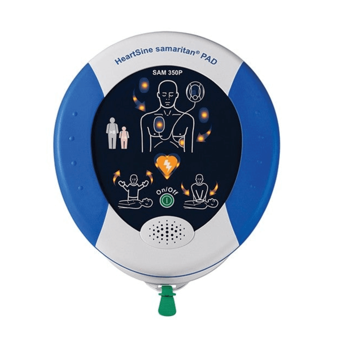 HeartSine Samaritan PAD 350P AED with blue and white design, featuring visual and audio prompts for easy use in emergencies.