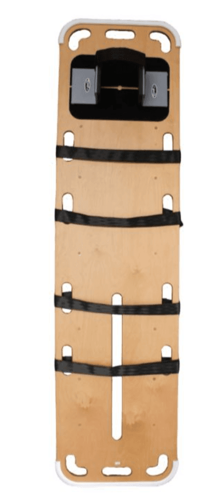 TG Aquatic Wooden Spineboard Kit with black safety straps and head immobilizer for patient stabilization.