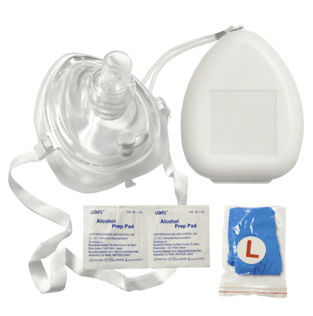 Ambu® CPR mask with O2 inlet, headstrap, gloves, and wipes in a compact case. Essential resuscitation mask for emergency medical use.