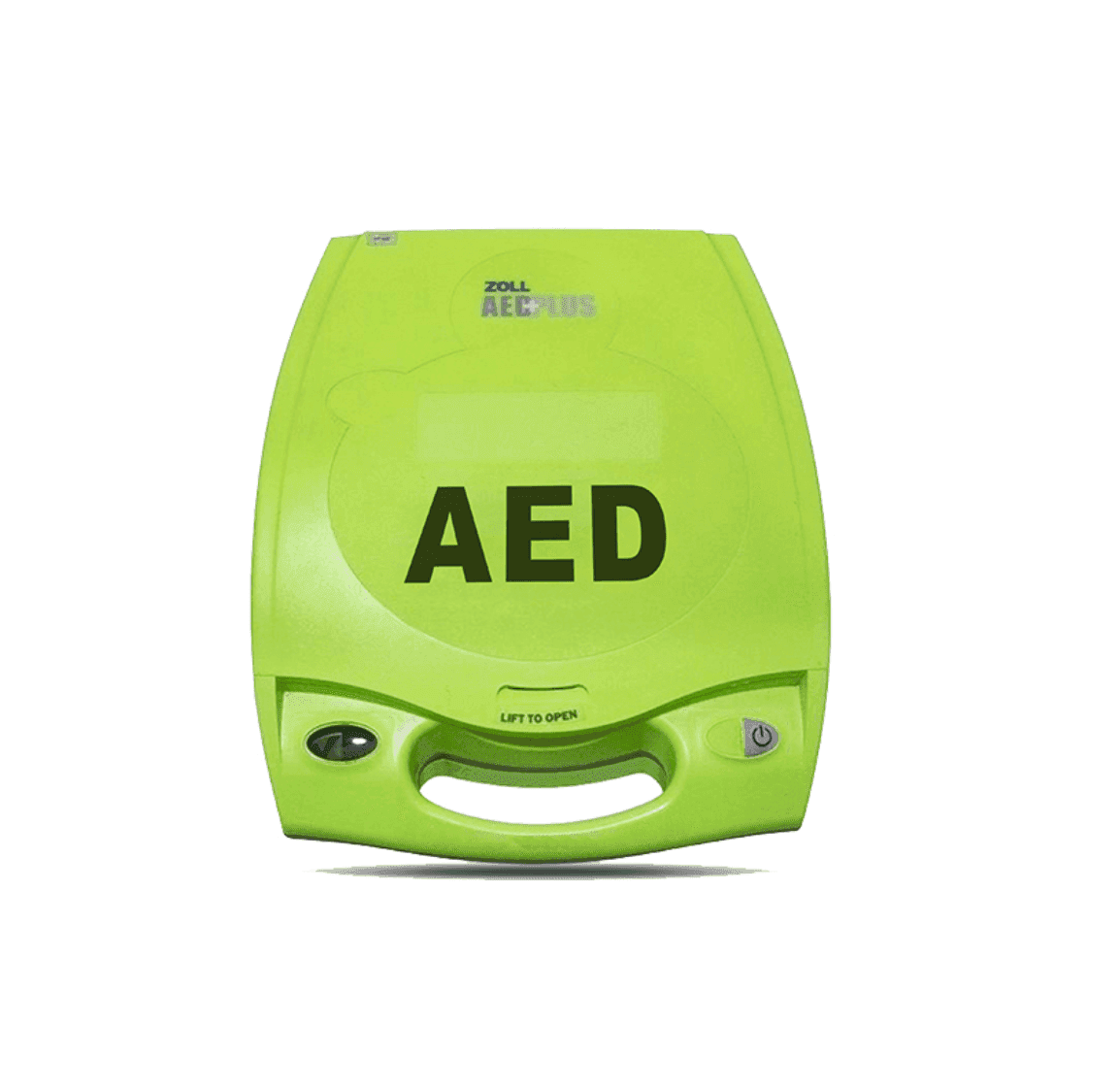 ZOLL AED Plus defibrillator in bright green color for emergency cardiac response. Compact and user-friendly design for home and workplace safety.