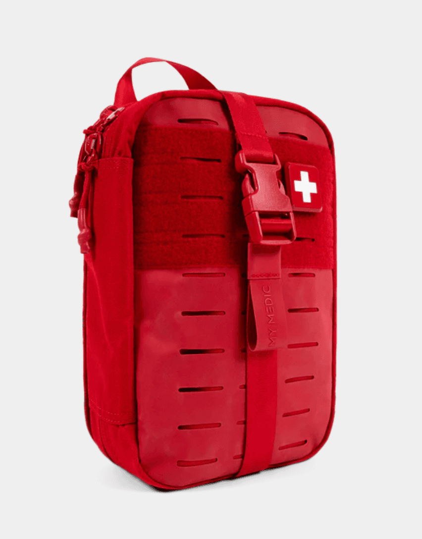 MYFAK First Aid Kit in red with a durable, compact design and MOLLE straps for easy attachment. Ideal for home, travel, and emergency preparedness.