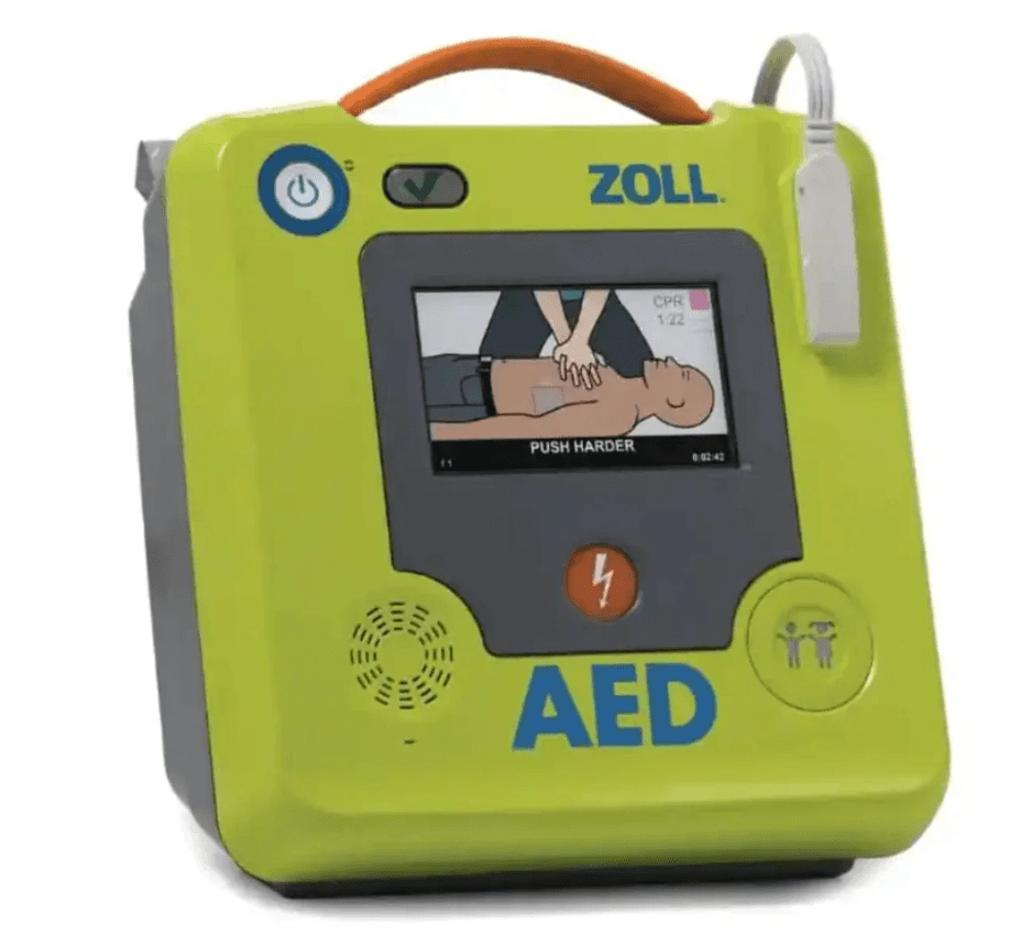Zoll AED 3 defibrillator with a bright green casing, LCD screen displaying CPR instructions, and a handle for portability. Ideal for AED long-term rental and emergency preparedness.
