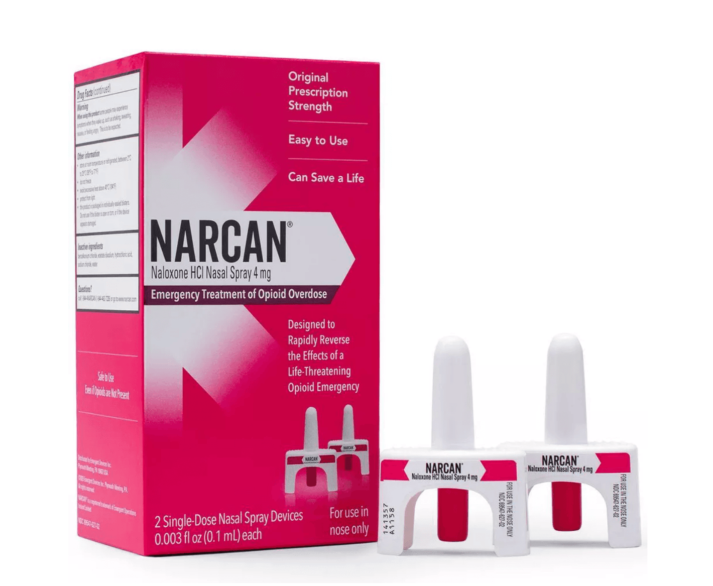 Narcan Nasal Spray 4mg (2-Pack)-OTC for emergency opioid overdose treatment. Includes two single-dose nasal spray devices for rapid reversal.