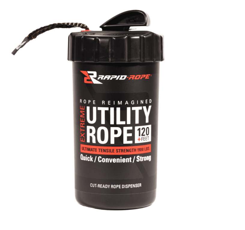 Rapid Rope Canister with 120 feet of 1100 lb test utility rope in a compact black dispenser. Ideal for emergency preparedness and outdoor use.