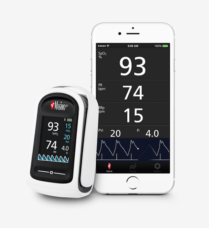 MightySat Rx Fingertip Pulse Oximeter with smartphone app displaying SpO2, PR, and Pi readings for real-time health monitoring.