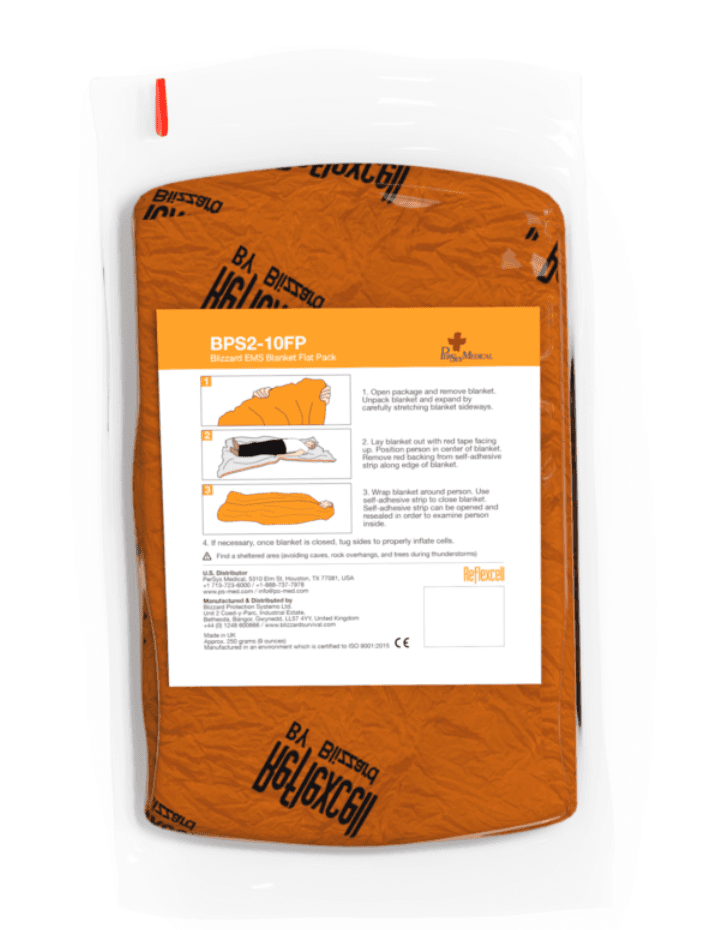 Blizzard EMS Trauma Blanket - Thermal Retention flat pack sealed in clear packaging, ideal for emergency hypothermia prevention kits.