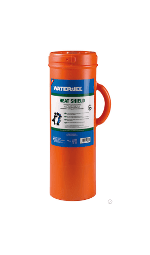 Fire Blanket - Water-Jel Burn Blanket 8″ X 6″ in a bright orange canister with handle, ideal for emergency heat protection and flame suppression.
