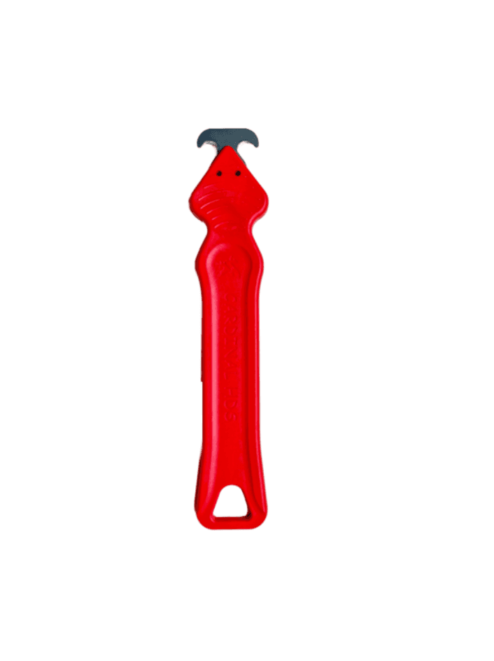 HDS Safety Cutter in red with ergonomic grip and concealed blade for cutting cardboard and plastic. Ideal heavy-duty tool for packaging and shipping.