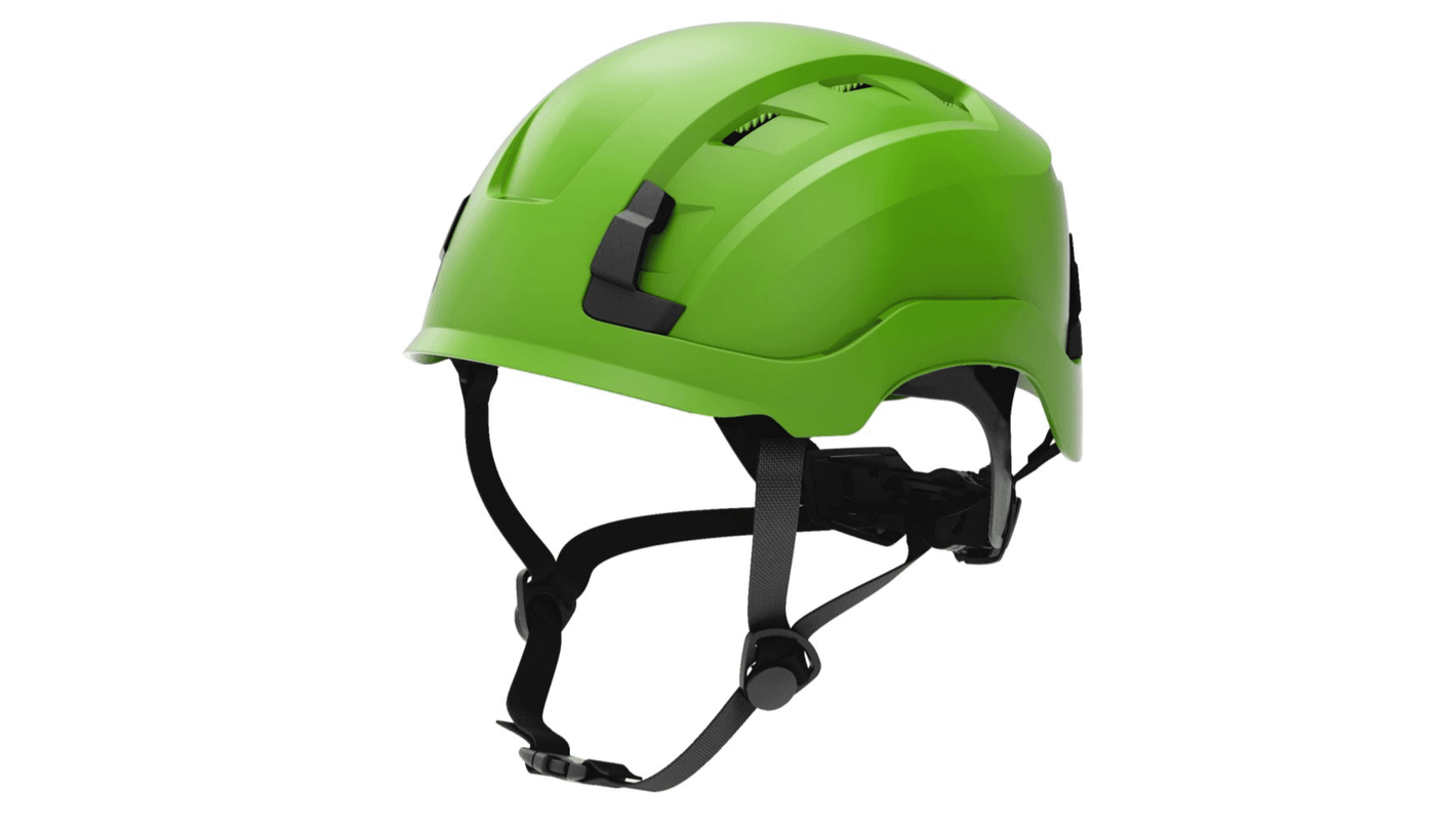 Green GE safety helmet with Koroyd technology and cross ventilation system for advanced impact protection in industrial environments.