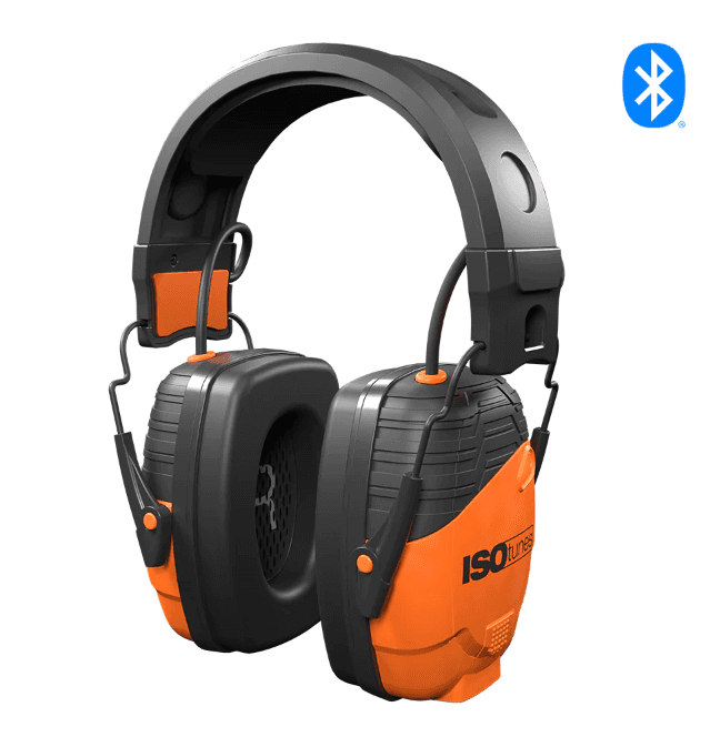 LINK 2.0 Bluetooth Hearing Protection in Safety Orange with padded headband and noise-isolating ear cups for industrial work environments.