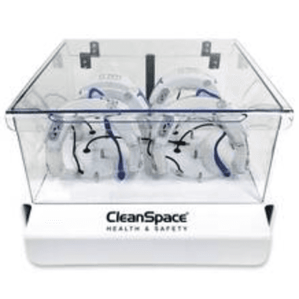 CleanSpace Charging Station - 8 Unit Dock for respirators with transparent dust-proof container. Ideal for safe, organized industrial storage.