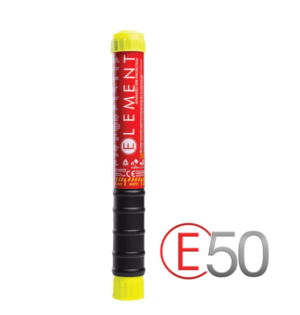 Element E50 Fire Extinguisher - 50 Sec Discharge | Compact & Safe, lightweight red and yellow fire extinguisher for home and vehicle use.