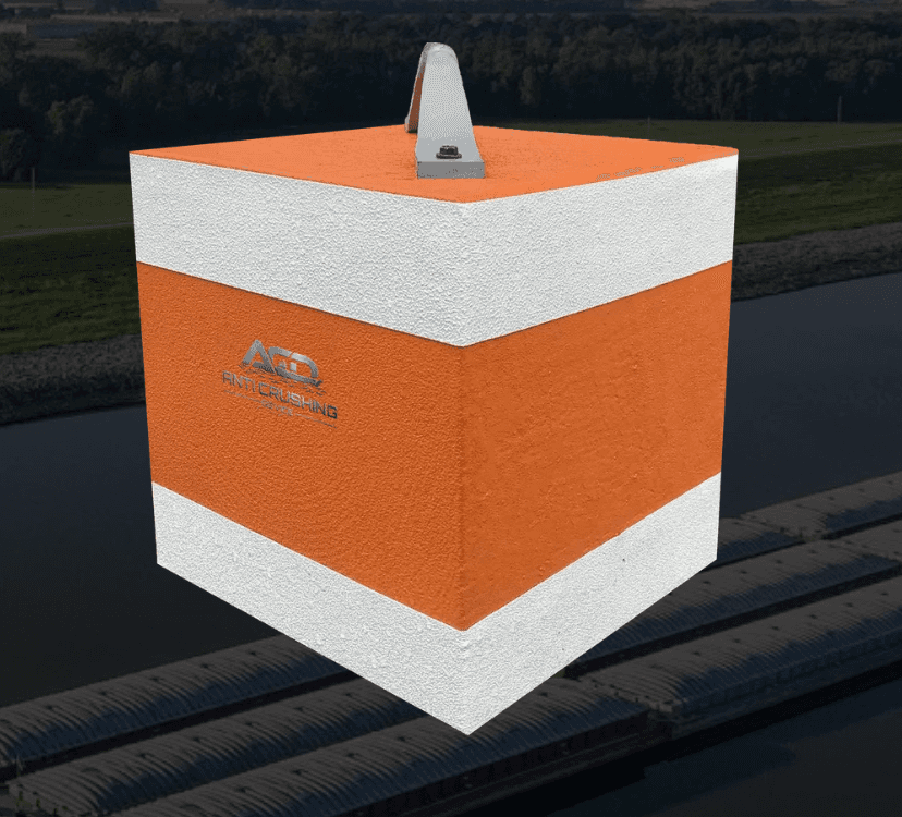 ACD: Anti Crushing Device in orange and white, designed for barge protection and maritime safety, shown with lifting hook for easy deployment.