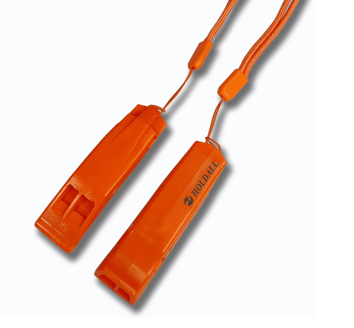 Holdall Safety Whistle with Lanyard - Emergency Whistle in bright orange, featuring a pealess design and utility clip for outdoor safety use.