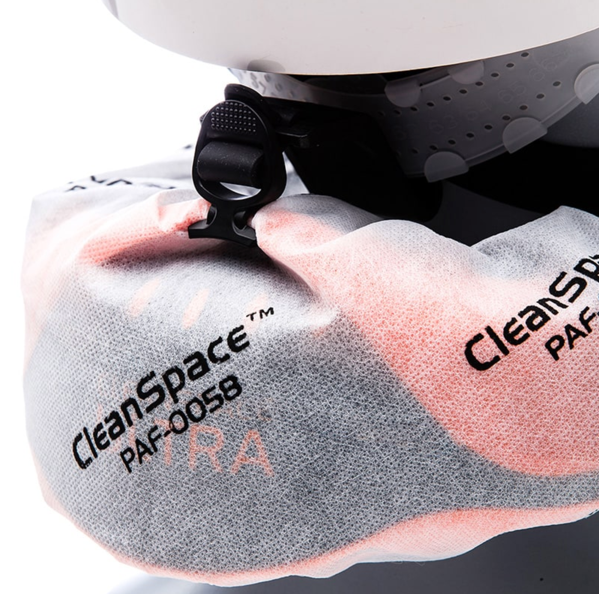 CleanSpace Coverall PAF-0058 tear-off visor protector attached to full face respirator mask for anti-scratch protection and extended clarity.