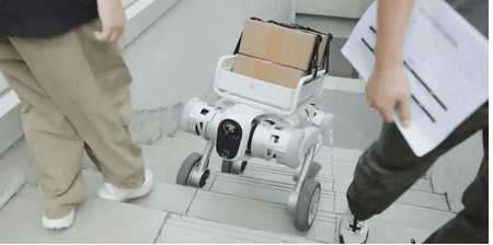 Autonomous security robot carrying packages on stairs
