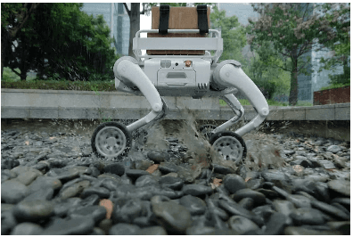 Quadruped security robot navigating rocky terrain