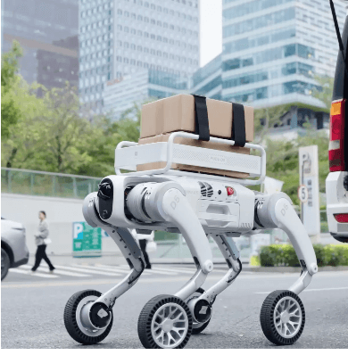 Robotic dog carrying packages on city street