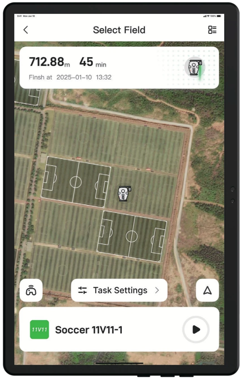 Robotic lawn mower control screen with turf area map and task settings