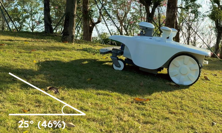 Autonomous lawn mower robot on grassy hill with trees