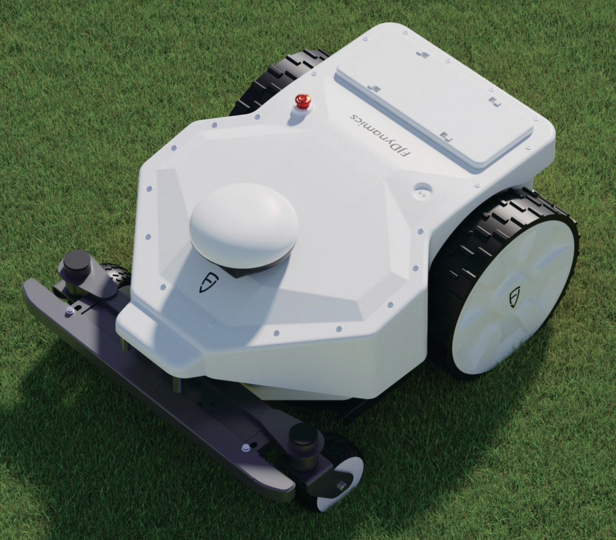Electric robotic lawn mower with cutting blades on green lawn