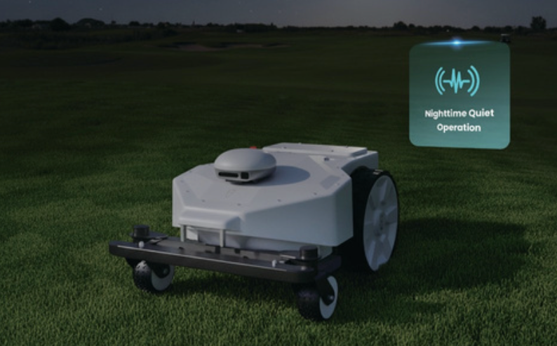 Robotic mower operating at night with quiet mode icon