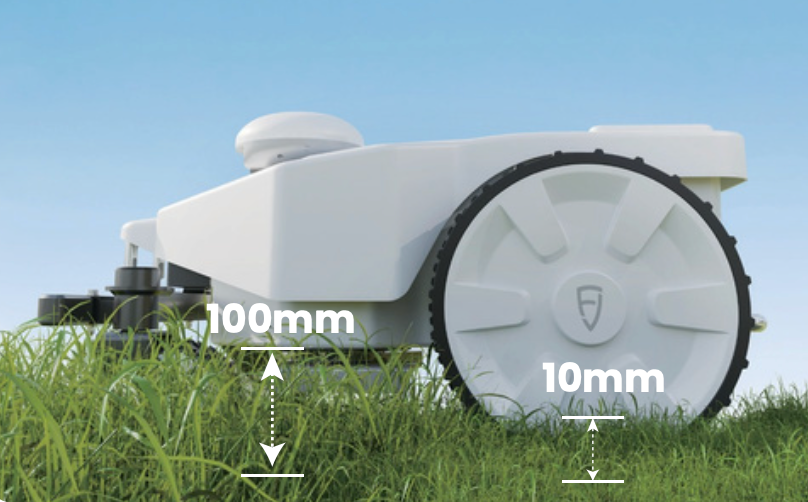 Close-up of robotic mower wheel with dimensions on grass