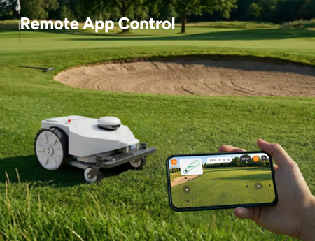 Remote app control for smart turf care with robotic lawn mower on grass