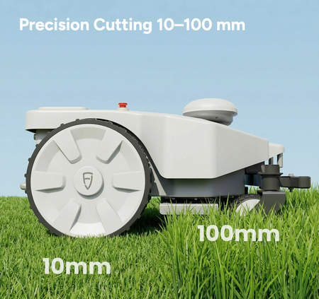 Precision robotic mower cutting grass with 10mm accuracy on a lawn