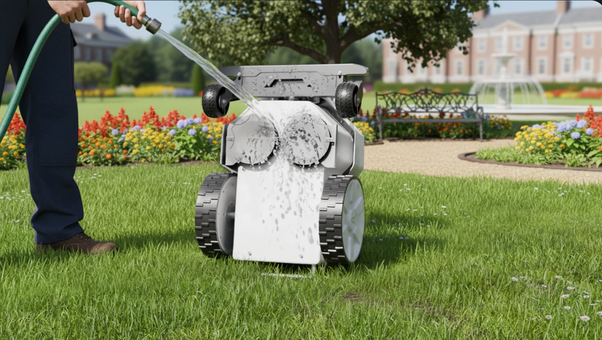 Autonomous turf care robot with sensors and wheels on grass