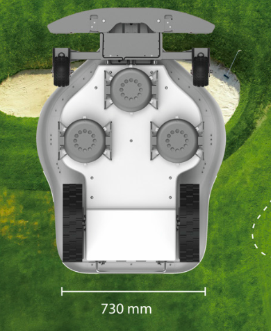 Underside view of robotic mower with wheel dimensions