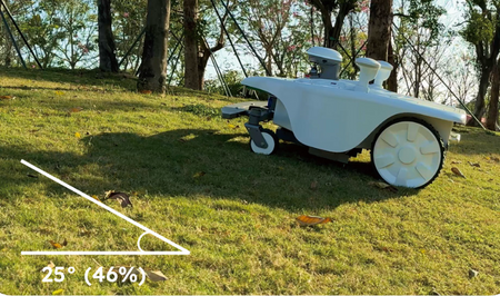 Robotic lawn mower navigating on sloped terrain with boundary