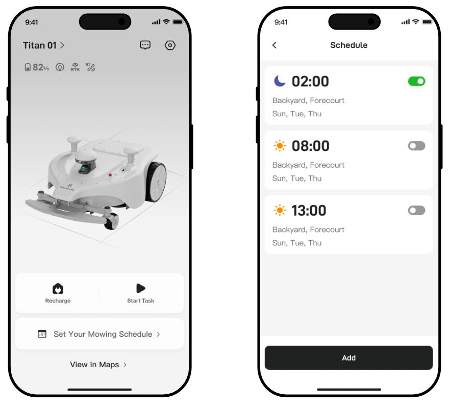 FJDynamics Titan robotic mower app interface with scheduling and control features