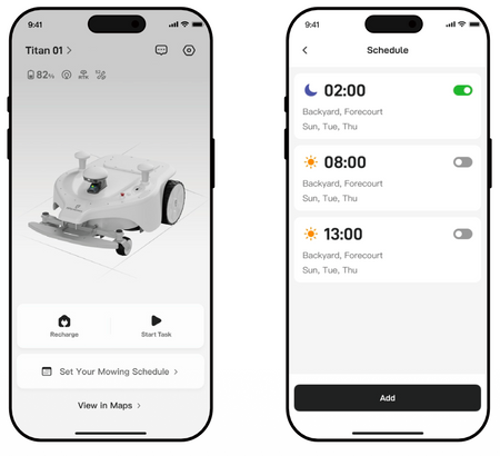 FJDynamics Titan robotic mower app interface with scheduling and control features