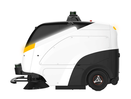 Front view of VIGGO S100-N outdoor cleaning robot with large brushes and sensor array