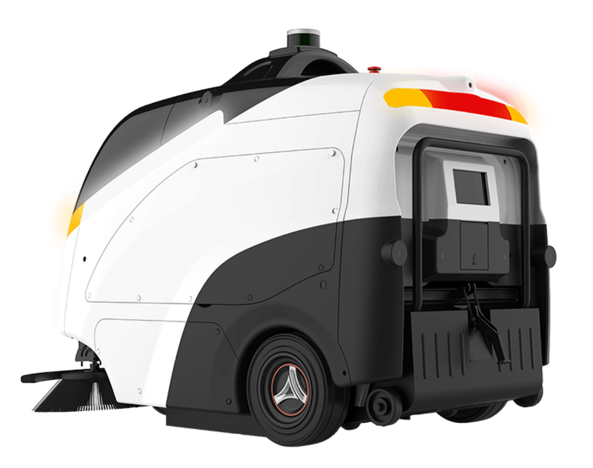 Back view of VIGGO S100-N outdoor cleaning robot with LED indicators and rugged wheels