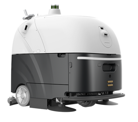 Modern outdoor cleaning robot with sleek design and large wheels
