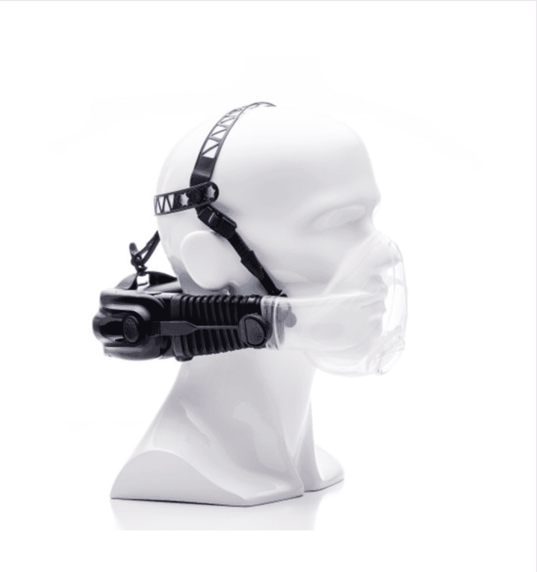 CleanSpace Half Mask Respirator CST Ultra shown on mannequin head with adjustable straps and clear silicone facepiece for comfortable fit.