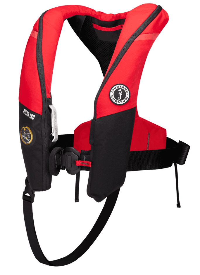 Mustang Atlas 190 DLX Life Jacket - USCG Approved red and black inflatable PFD with Hammar inflator and 38 lbs buoyancy for marine safety.