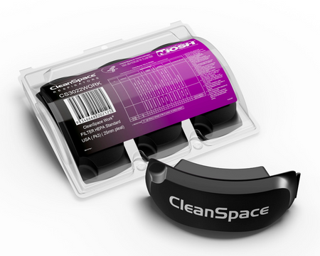 CleanSpace WORK HEPA Particulate Filter pack of 3 with NIOSH certification, designed as a CleanSpace mask valve cover replacement part for respirators.