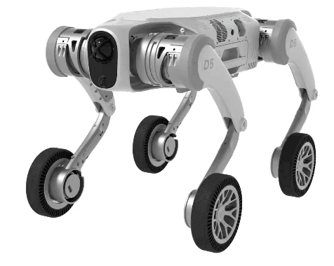 Quadruped security robot with four wheels and robotic limbs