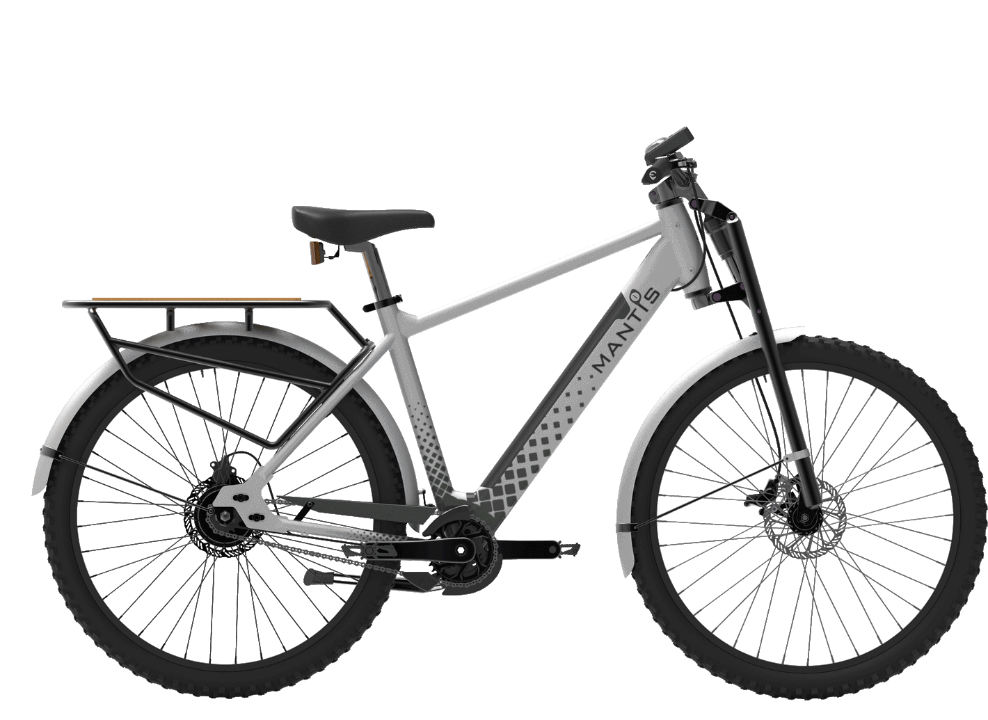 Manits e-Bike with rugged tires and rear cargo rack, designed for superior urban commuting and outdoor cycling performance.