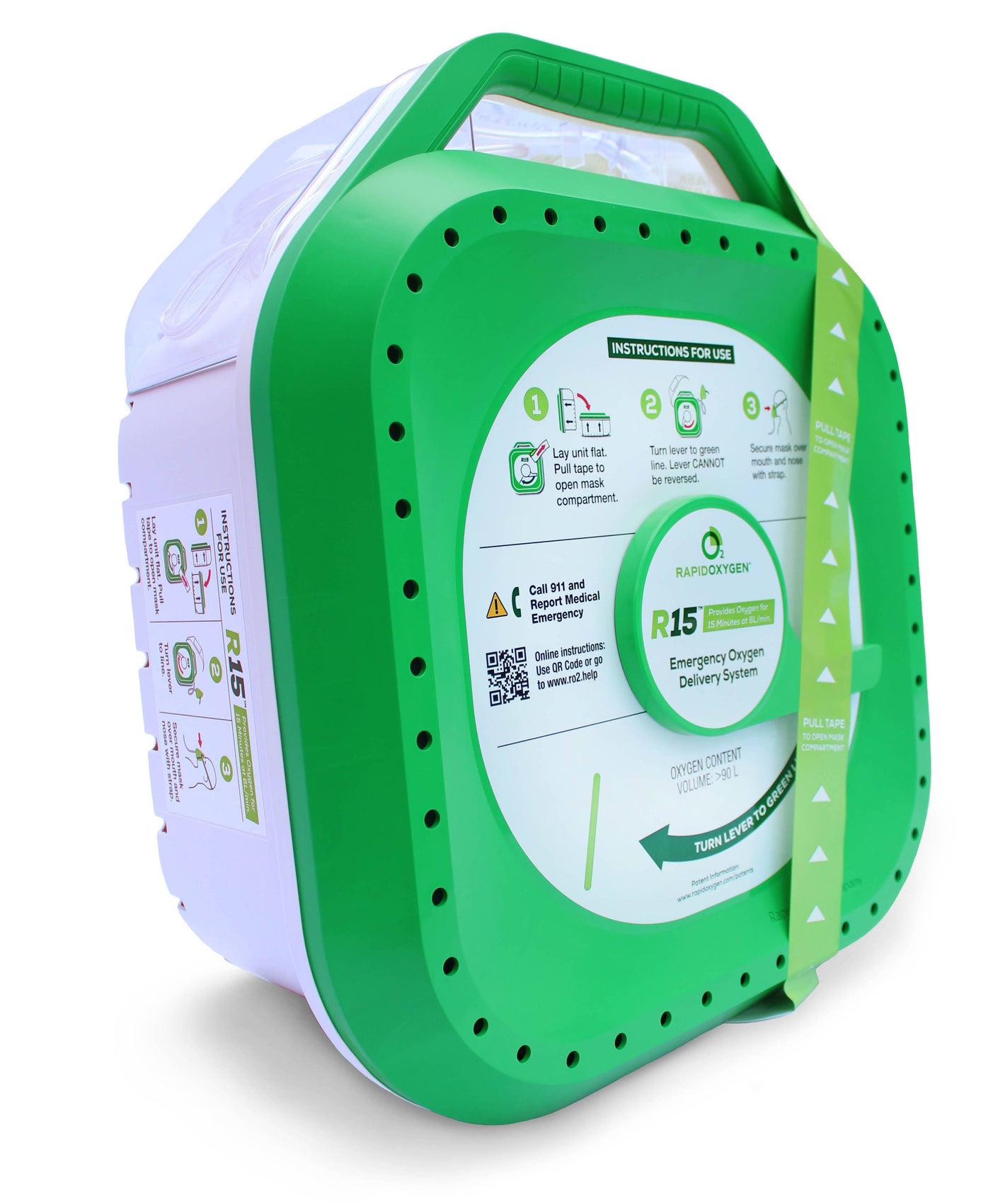 Angled view of First Aid Oxygen Rental R15 - Portable Emergency Oxygen Generator with ergonomic handle and labeled instructions for quick deployment.
